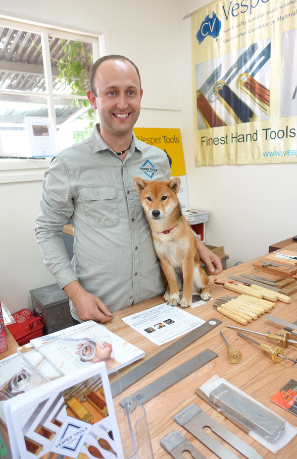 Chris Vesper of Vesper Tools with new shop dog and family member Shibee the Shiba.