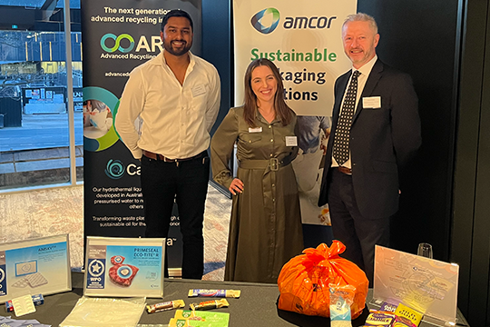 From left: Tim Kaliyanda, BDM at Licella, Andrea Polson, Licella marketing director, and Richard Smith, head of Sustainability, Amcor APAC.