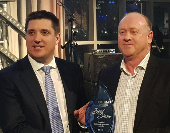 Best in Show Labels winner: Andrew Jones (right) Multi-Color Australia, with Mark Easton, FPLMA president