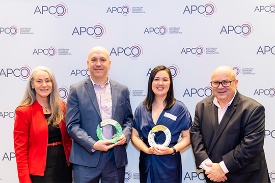 (l-r) APCO's chair Sam Andersen, Alberto Peixeiro and Emmeline Yongsiri from the Arnott&rsquo;s Group, and APCO's CEO Chris Foley.