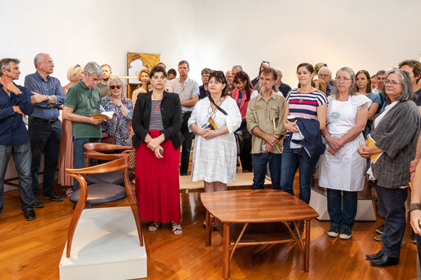 Artists, artisans, gallery staff and visitors assemble to hear David Boucher&rsquo;s opening address at Edge &ndash; Exploring Boundaries. Photo: Julijana Griffiths