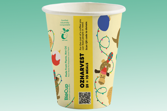 The limited edition compostable Christmas cup features a QR code to encourage donations to OzHarvest.