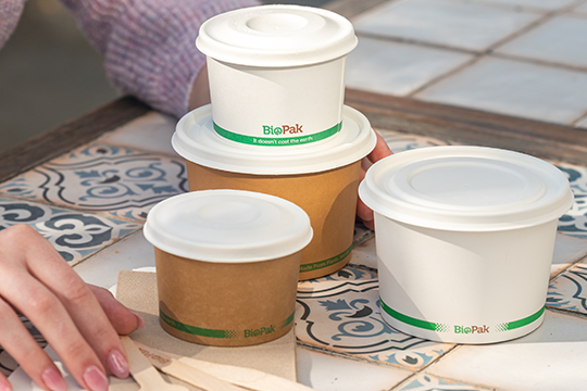 BioPak plant-fibre lids for paper bowls.