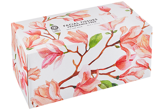 The newly designed boxes are made from 95% recycled material, and includes the following products: Coles Facial Tissues Aloe Vera 95 pack, Coles Facial Tissues Eucalyptus 95 pack, and Coles Facial Tissues White 224 and 90 packs.