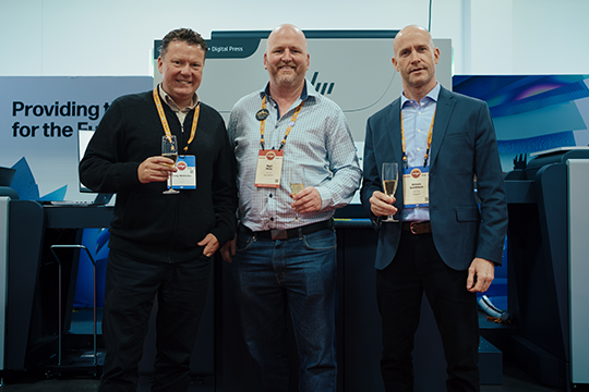 Fuzed invests in a HP Indigo 7K Digital Press: (l-r) Craig Walmsley, ANZ country manager, HP; Matt Mills, MD, Fuzed; Arnon Goldman, GM, APAC, HP