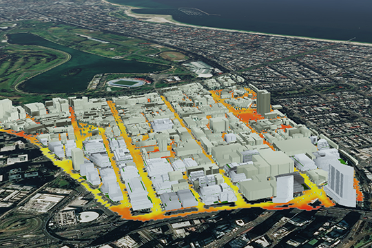 Visualisation of South Melbourne using the Microclimate and Urban Heat Island Decision-Support Tool.