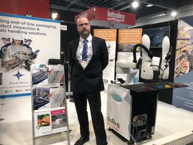 Diverseco&rsquo;s Kevin Aburn (stand 3017) was manning the stand alongside a Duaro collaborative robot from Kawasaki. Also on show were some of the company's food inspection solutions including an OCS checkweigher and a Mesutronic metal detector, which are both represented in New Zealand and Australia by Diverseco company AccuPak.