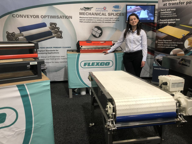 Flexco&rsquo;s Ellaina Grixti (stand 3032) says the company is at the show to demonstrate its Segmented Transfer Plate, a bright yellow product that helps to prevent product loss at the belt-to-belt or belt-to-chute transition point, preventing damage to the product and to the belt and conveyor structure. The company is also exhibiting its Food Grade Primary Cleaner (pictured), a blue blade that cleans belts used for meat or wet products, and is easily assembled and disassembled.