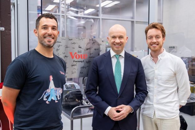 L-R: Vow co-founder and CEO George Peppou, New South Wales Treasurer Matt Kean, Vow co-founder Tim Noakesmith at the opening of Vow's first of two planned cultured meat facilities.
