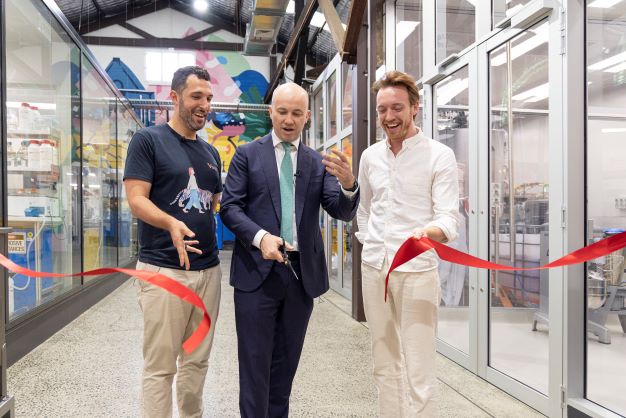 L-R: Vow co-founder and CEO George Peppou, New South Wales Treasurer Matt Kean, Vow co-founder Tim Noakesmith opening the cultured meat start-up's first of two planned cultured meat facilities.