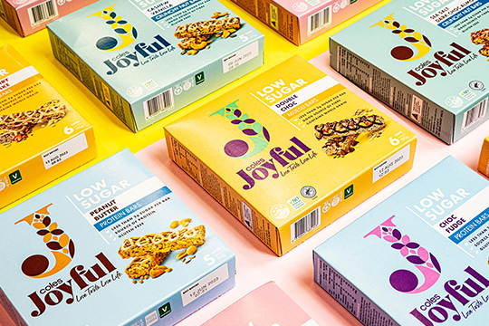 Hulsbosch developed a new identity Coles' new range of low-sugar nutritional snacks called &lsquo;Coles Joyful&rsquo;.