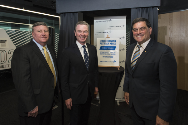 Minister for Defence Industry Christopher Pyne with Rick Edwards, Executive Vice President, Lockheed Martin International (L) and Lockheed Martin Australia Chief Executive, Vince Di Pietro at the official opening of Lockheed Martin Australia House, Canberra. Credit: Lockheed Martin Australia