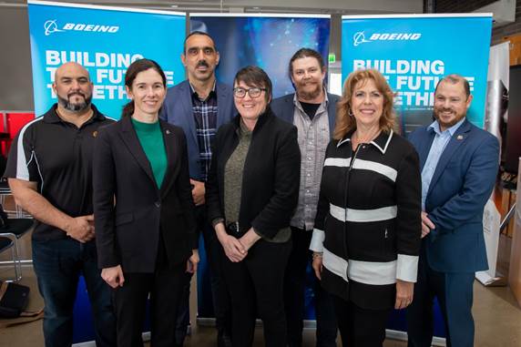 Back row L-R: Jose Santos, Willyama; Adam Goodes, Indigenous Defence and Infrastructure Consortium; Andrew Goldston, Real Serious Games; Kieran Hynes, Willyama. Front row L-R: Amy List, Boeing Defence Australia; Karen Sanders, Real Serious Games; Camille Geiger, The Boeing Company. (Boeing)