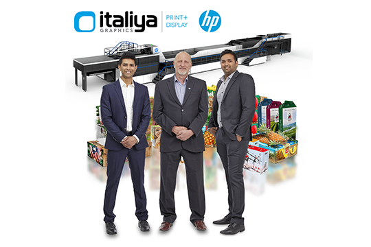 First HP Pagewide C500 in Australia: Pictured with the new press are (l-r) Vimal Italiya, general manager, Italiya Graphics; Paras Italiya, managing director, Italiya Graphics; and Bruce Caldwell, sales consultant, HP PageWide Industrial