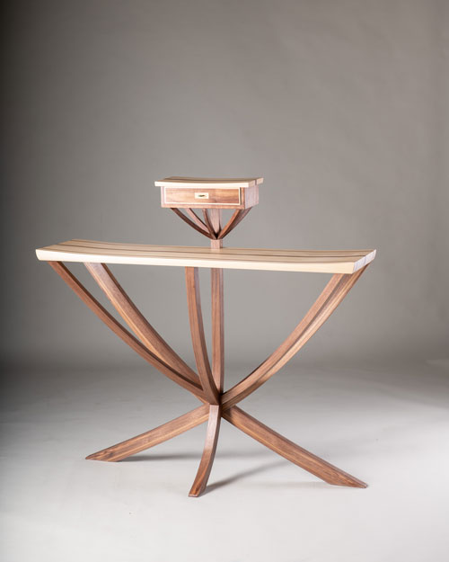 Japanese Hall Table, American walnut, Alaskan yellow cedar, pounaumu and paua