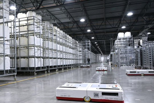 The factory has 166 automated guided vehicles (AGVs).