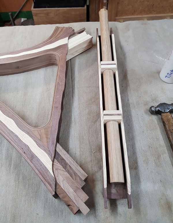 Locating the seat post in the hollow frame, another milestone in the making process.