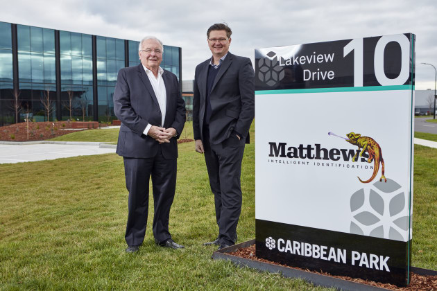 Chairman and company founder Lester Nichol with CEO Mark Dingley outside Matthews Australasia's new premises at Number 10, Lakeview Drive, Scoresby.