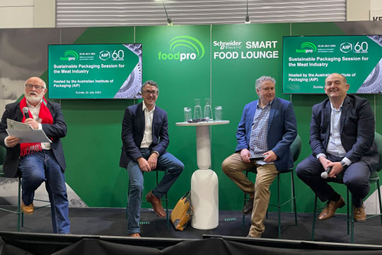 Day 1 of foodpro 2023 included a panel discussion on sustainable packaging for the meat industry. The panellists were (l to r) Ralph Moyle, AIP; Alan Adams, SEE; Jasson Mills, Amcor Flexibles; and Warwick Armstrong, Plantic Technologies.