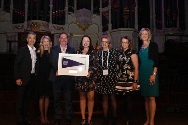 Milk industry accepts Foodbank Awards at AFGC. L-R Kiril Simonovski, Director of Consumer Division Fonterra, Angela Burr, General Manager Marketing & Commercial Services Parmalat, John Williams, General Manager Sales Saputo Diary Australia, Brianna Casey CEO Foodbank Australia, Kathy Karabatsas Managing Director Lion Dairy & Drinks, Paula Zrilic Our Community Pantry and Tanya Barden, CEO AFGC.