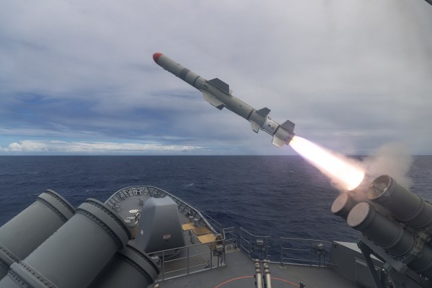 An Australian warship firing a live Harpoon Missile firing off the coast of Hawaii during Exercise Rim of the Pacific 2020. (Defence)
