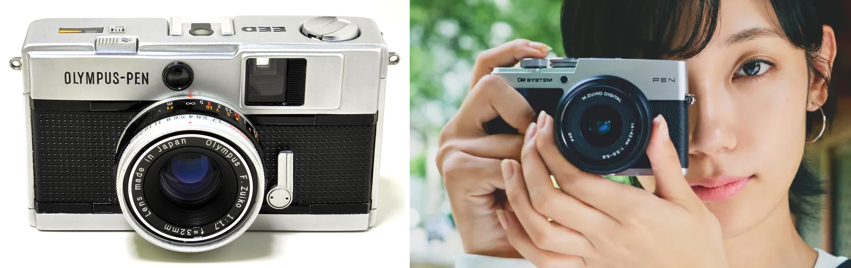 Left :1967 Pen EED (photo by Hiyotada). Right: The latest OM PEN.(Image: OM SYSTEM)