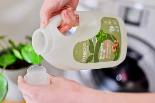 The Woolworths Macro branded laundry liquid is manufactured by Earthwise and packaged in a one-litre 75% rHDPE bottle manufactured by Pact Group.