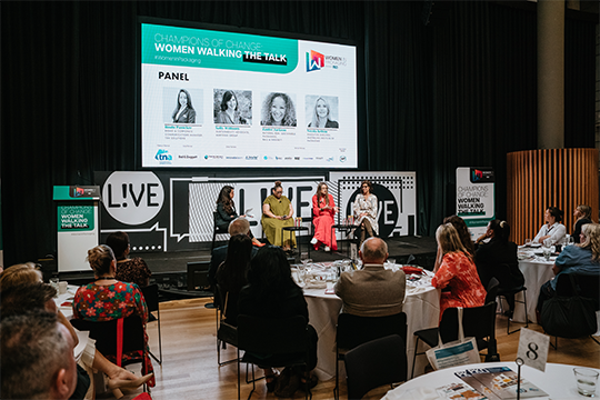 Panel discussion (1-r): Bindu Panicker, head of Communications, tna Solutions (moderator) Zaidee Jackson, national BDM &ndash; Sustainable Packaging, Ball & Doggett; Nerida Kelton, executive director, Australian Institute of Packaging and Sally Williams, sustainability advocate, Martogg Group.