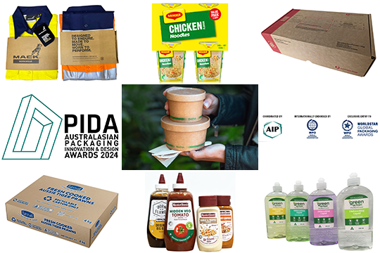 Top row: Mack workwear packaging by Bunzl Safety and Lifting; Maggi Mug Noodles 4-Pack by Nestl&eacute; Australia; Korrvu Retention for Australia Post by Sealed Air Corporation and Australia Post; Middle row: Home Compostable Container Range by BioPak;
Bottom row: EPS Replacement Prawn Carton by Tassal Group and Visy Industries, Masterfoods Squeezy Pet Sauce Bottles by Mars Food and Wellman Packaging; Green Action Dishwashing Liquid 500ml by TrendPac.