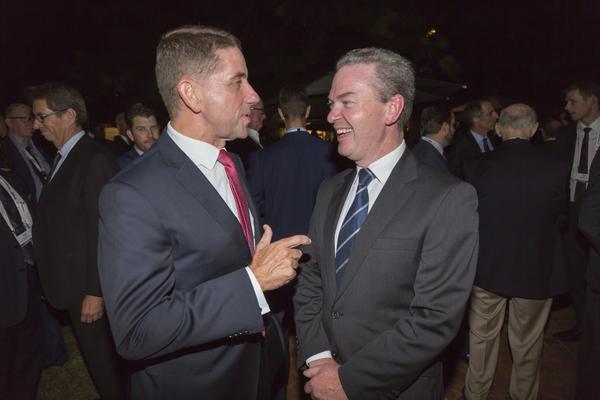 Minister Pyne and Cameron Dick, QLD Minister for State Development, Manufacturing, Infrastructure and Planning, were getting along like a house on fire at the welcoming drinks. The State is hoping to reap benefits from the imminent $5b Land 400 Phase 2 decision. Credit: ADM Leigh Atkinson