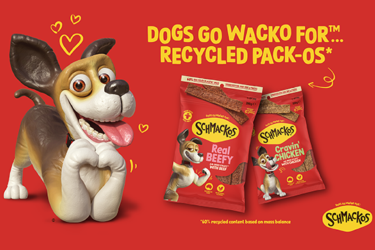 Schmackos 200g and 500g Strapz and Stix packs are now made from 60% recycled plastic.