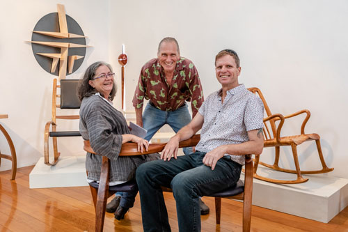 David Upfill-Brown (centre) with exhibitors Ruth Thompson and Darren Oates who are seated in David&rsquo;s piece Kiss Kiss &ndash; A Love Seat. Photo: Julijana Griffiths