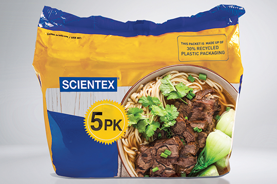 Sabic produces certified circular PP polymer into BOPP film, which Scientex uses to manufactures and print the noodle packs.