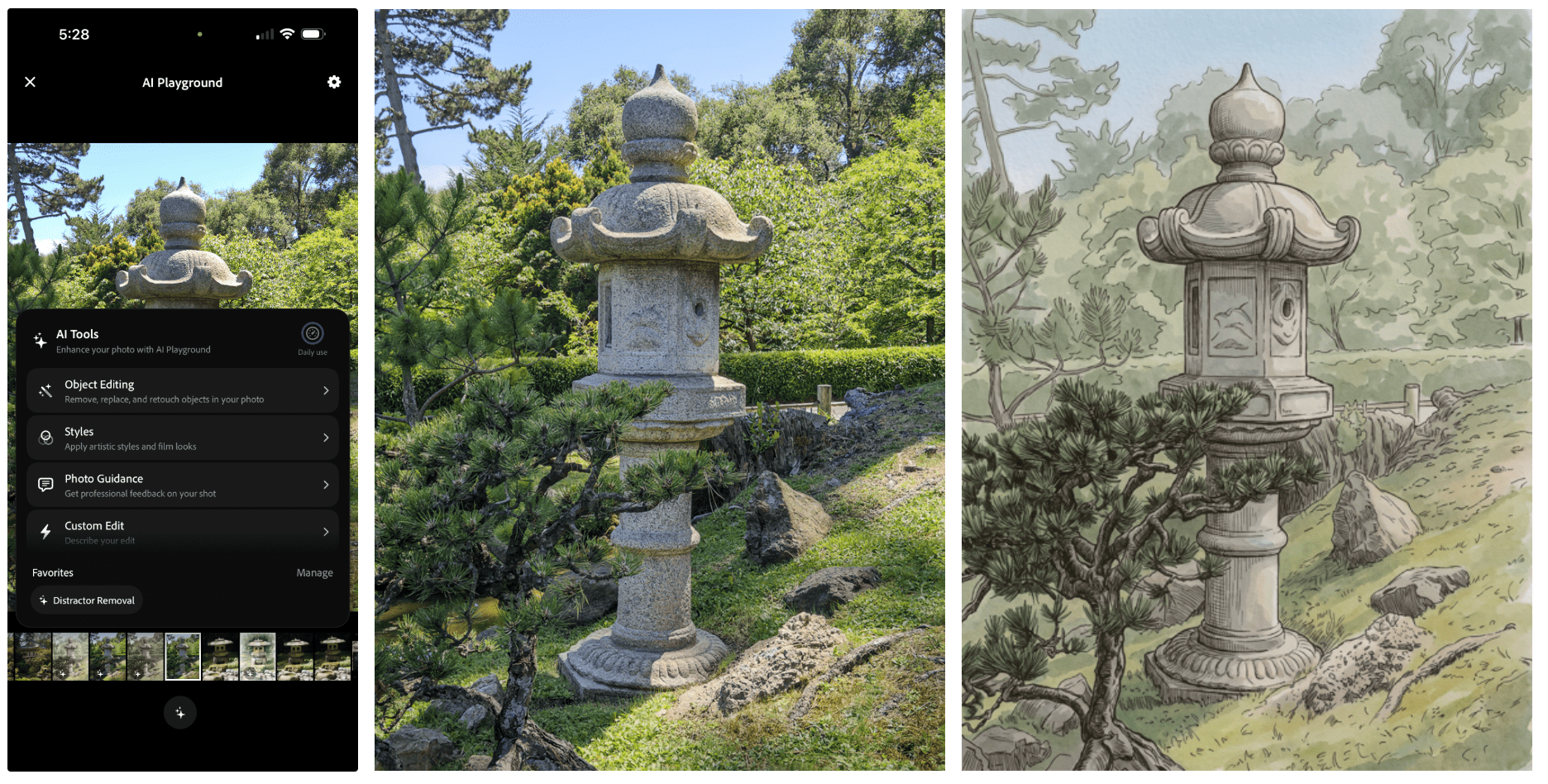 At left is the user interface of our Playground, running on an iPhone 17 Pro Max. At centre is a snapshot of a stone lantern captured by Indigo. At right is the result of tapping on 