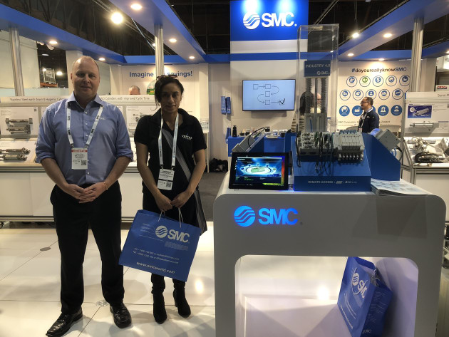 SMC&rsquo;s Andrew Clothier (stand 2023, and pictured with visitor Catherine Downs from Vertex Engineers in Hamilton) says visitors were gravitating to its new tech, including its Industry 4.0 offerings and energy-saving solutions. Clothier said business was strong in the New Zealand marketplace, where SMC leads in its market, with 37 per cent market share