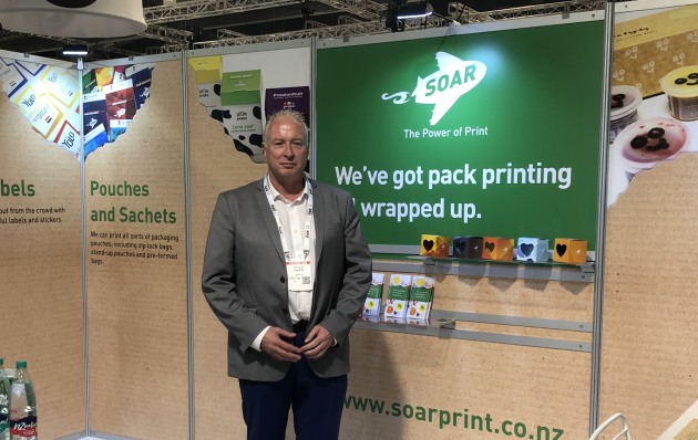Soar Print&rsquo;s Paul Jacomb (stand 2123) said the NZ printing company was launching its new flexible pouch printing offering at Foodtech Packtech. The third generation family business has diversified over the years, with pouch printing flexible pouches its latest foray, and Jacomb says the company can print all sorts of pouches including zip lock bags, stand-up pouches and pre-formed bags &ldquo;We are getting lots of enquiries from new ventures and boutique foodies, and we are feeling our way, so we can respond to what the market wants," he says. "Our optimum run is 10,000 but we can go down to low numbers.&rdquo;