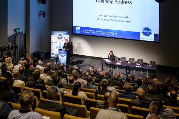 Minister for Defence Industry Christopher Pyne delivering the opening keynote. Credit: ADM Philip Smart