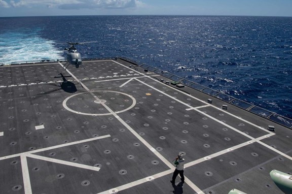 A MQ-8C Fire Scout prepares to land aboard USS JACKSON (LCS-6) in the Pacific Region, April 19, 2022. (US Navy)