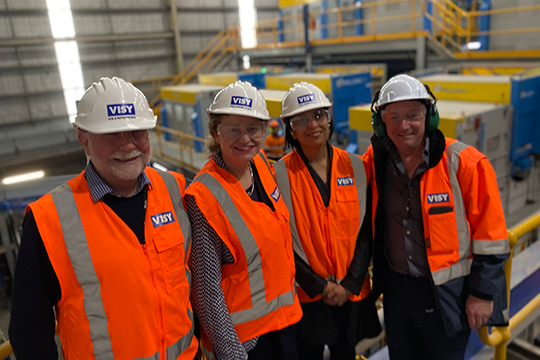 (l-r) Nick Baker, Visy's GM - NZ recycling; associate minister for the environment, Rachel Brooking; Parul Sood, GM waste solutions, Auckland Council; and Terry Coe, project delivery manager, waste solutions, Auckland Council.