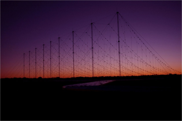 A Jindalee Operational Radar Network (JORN) transmitter site at sunset, Harts Range, Alice Springs. Credit: Defence