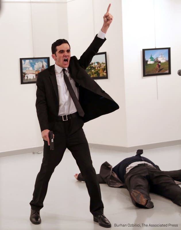 World Press Photo of the Year. An Assassination in Turkey. Mevl&uuml;t Mert Altıntaş shouts after shooting Andrey Karlov, the Russian ambassador to Turkey, at an art gallery in Ankara, Turkey. &copy; Burhan Ozbilici, The Associated Press.