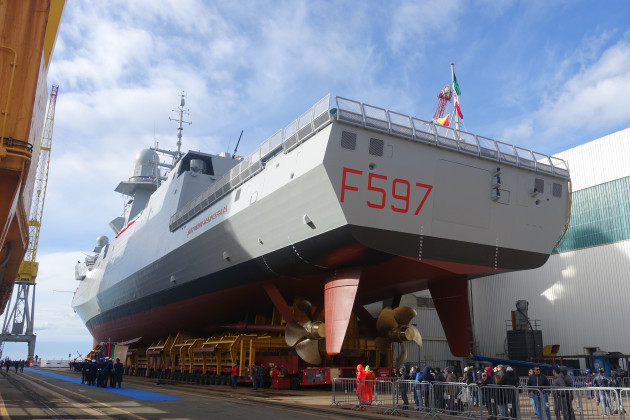 The launch of the 8th Italian FREMM in Genoa by Fincantieri. 
Nigel Pittaway