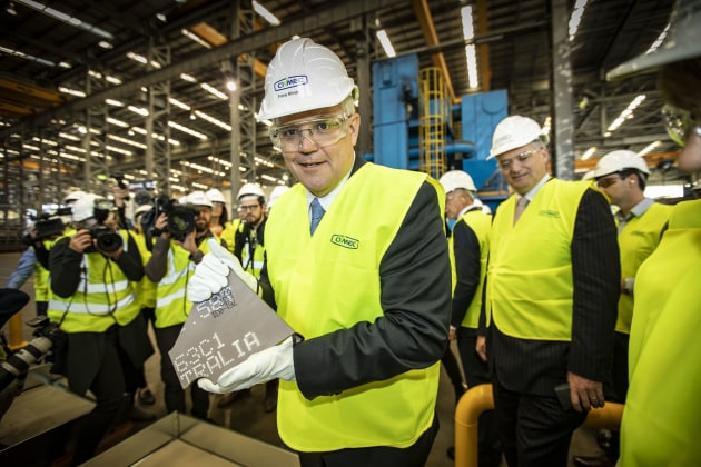 PM Scott Morrison with the first steel for the OPVs. Civmec