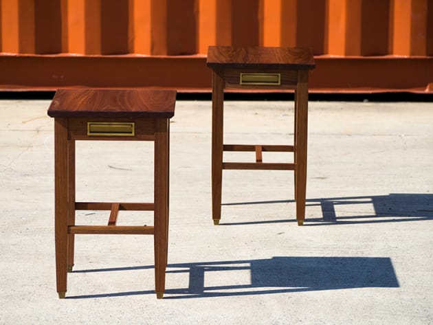 Nick Vella, pair of stools, American black walnut, antique brass feet.