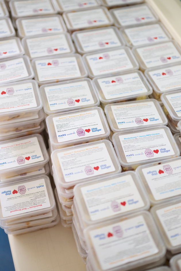 Packaged meals provided by Dolmio, Sodexo and Foodbank, ready for local charities.