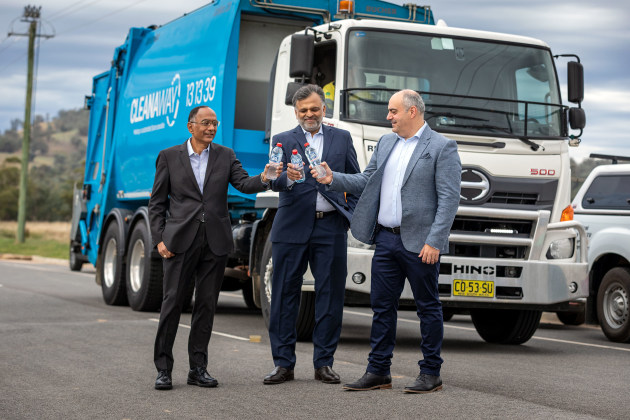 Pact CEO Sanjay Dayal, Cleanaway CEO Vik Bansal, Asahi Beverage CEO Robert Iervasi as construction of the Circular Plastics Australia JV gets underway.