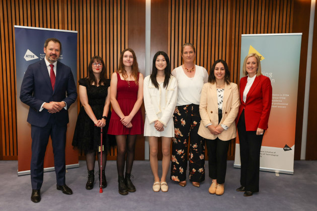 Announcing the first 50 recipients of an Elevate: Boosting women in STEM scholarship, (l-r) Industry minister Ed Husic,  Kiowa Scott‐Hurley, Charlize Liebrand, Selina (Yingxin) Li, Peta Estens, Veronica Karakousis, and minister for women Katy Gallagher.