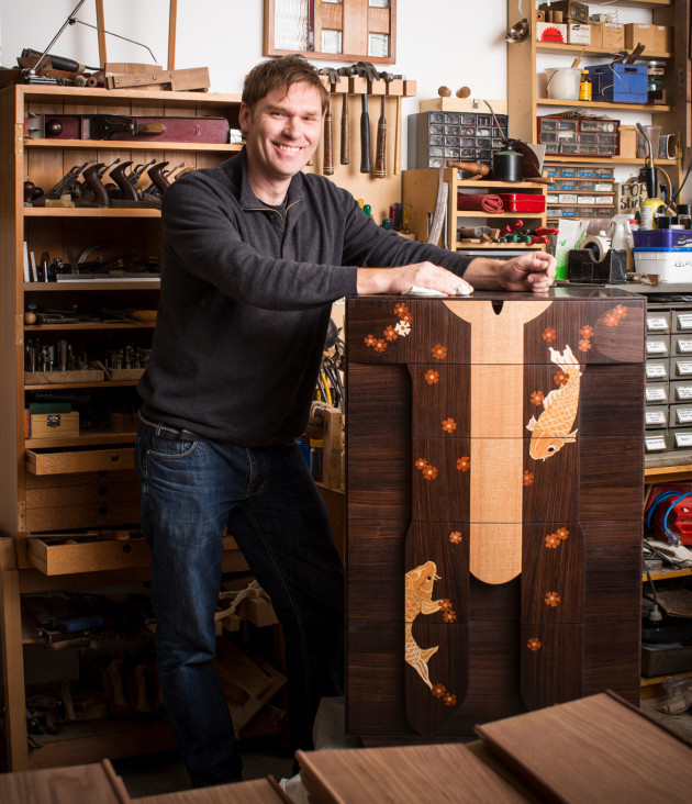 Adrian Potter with his Tattooed Chest, 2012, 985 x 620 x 500mm. Ebony, blackwood, southern silky oak, silver ash, Huon pine, Tasmanian oak, NSW rosewood. Photo: Randy Larcombe