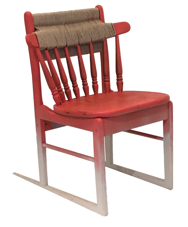 Ashley Eriksmoen, Two wrongs could make a right, 2018, reclaimed wood chairs, twine, acrylic spray paint, oil finish, dimensions variable.