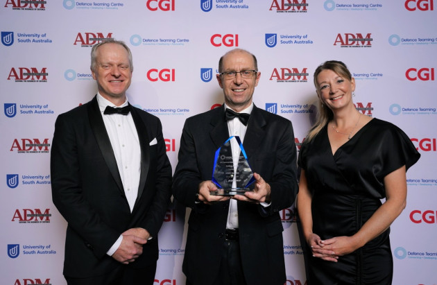 Allan Dundas, Vernon Collins and Jo Wibrow from DEWC Services, after receiving the inaugural DTC Skilling Award.
Credit: Defence Teaming Centre